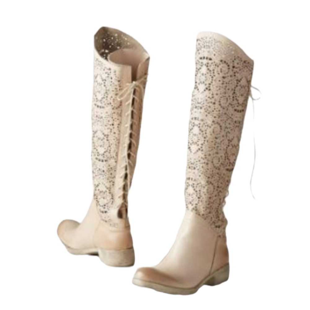 Sundance Women's Lucera Leather Laser Cut Back Lace Knee High Boots Size 40 / 9
